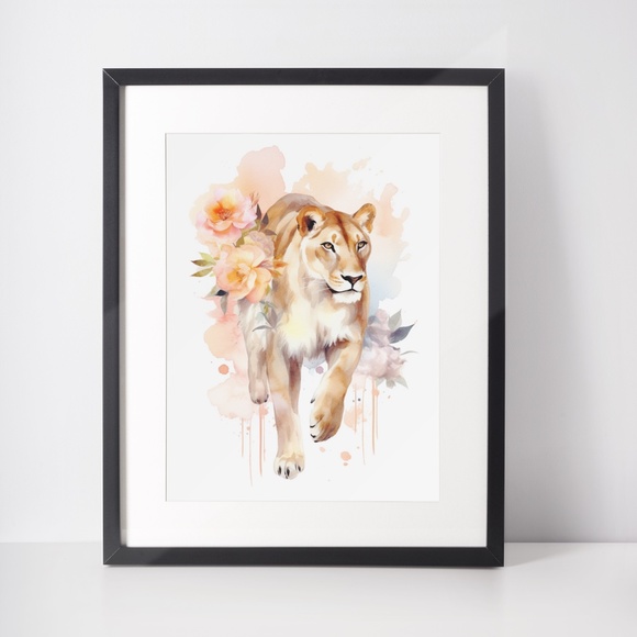 Watercolor Lioness With Flowers Portrait Wall Art Illustration Print Unframed - Picture 4 of 6